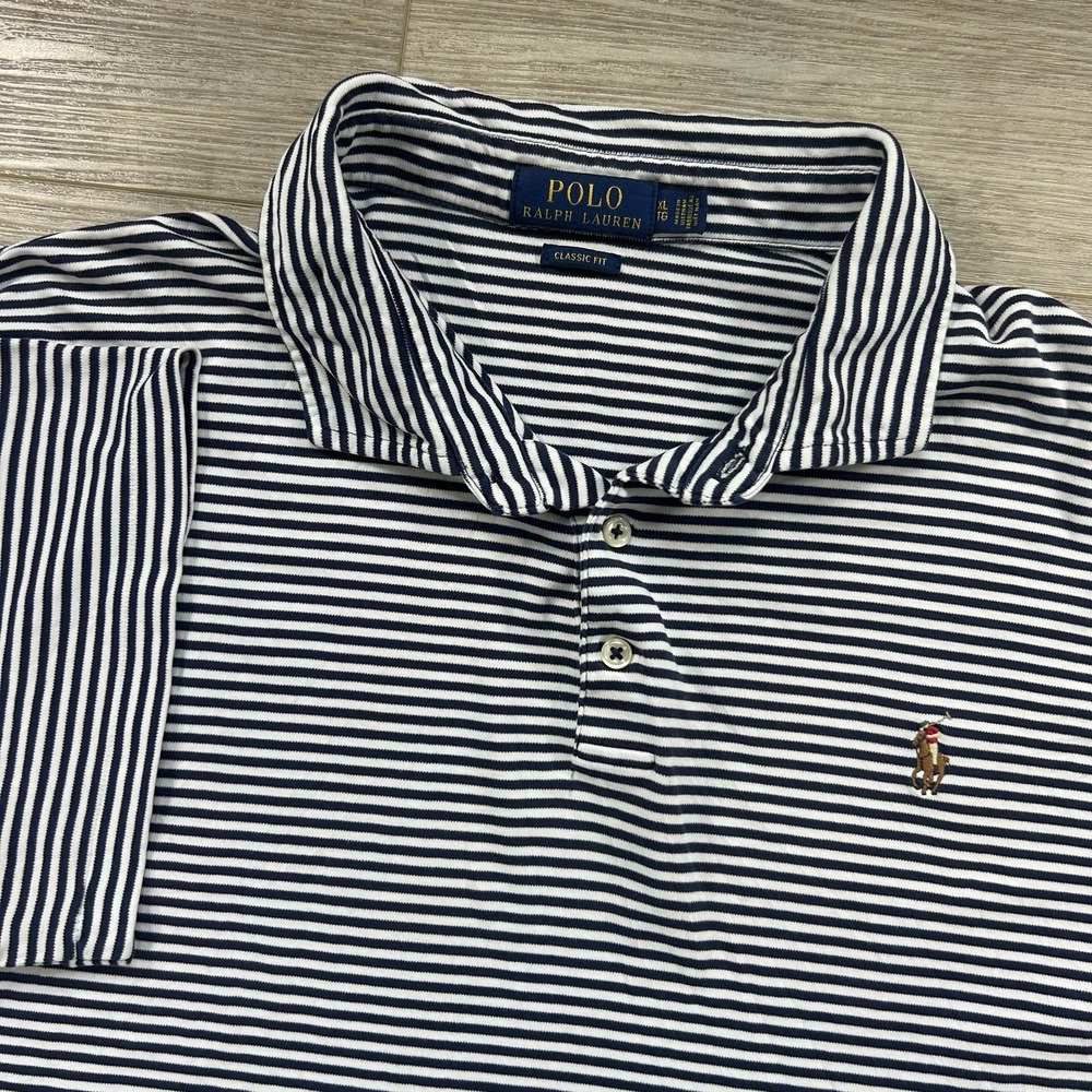 Polo Ralph Lauren XL Navy Blue Striped Classic Fit Cotton Polo Shirt Flesh Pony